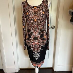 VENUS Black and Rust Orange Paisley Cold-Shoulder Bodycon Dress